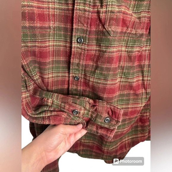 ORVIS Heavy Flannel Shirt Jacket Men’s Size L Plaid Red Green Beige Pockets - Picture 3 of 5